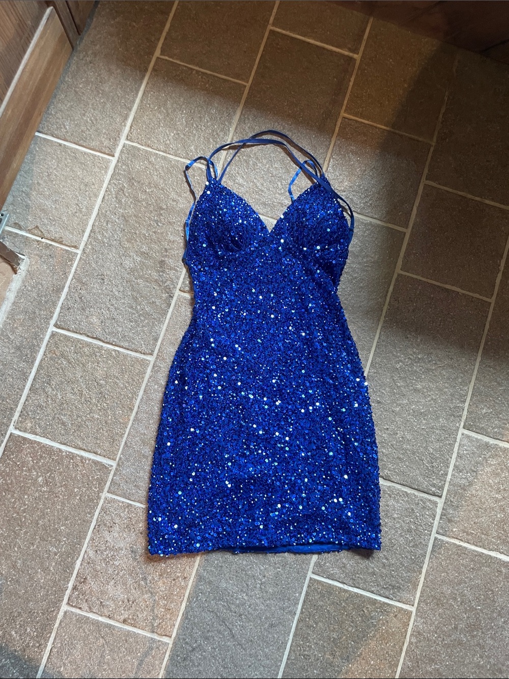 Cobalt Sequin Spaghetti-Strap Mini Dress